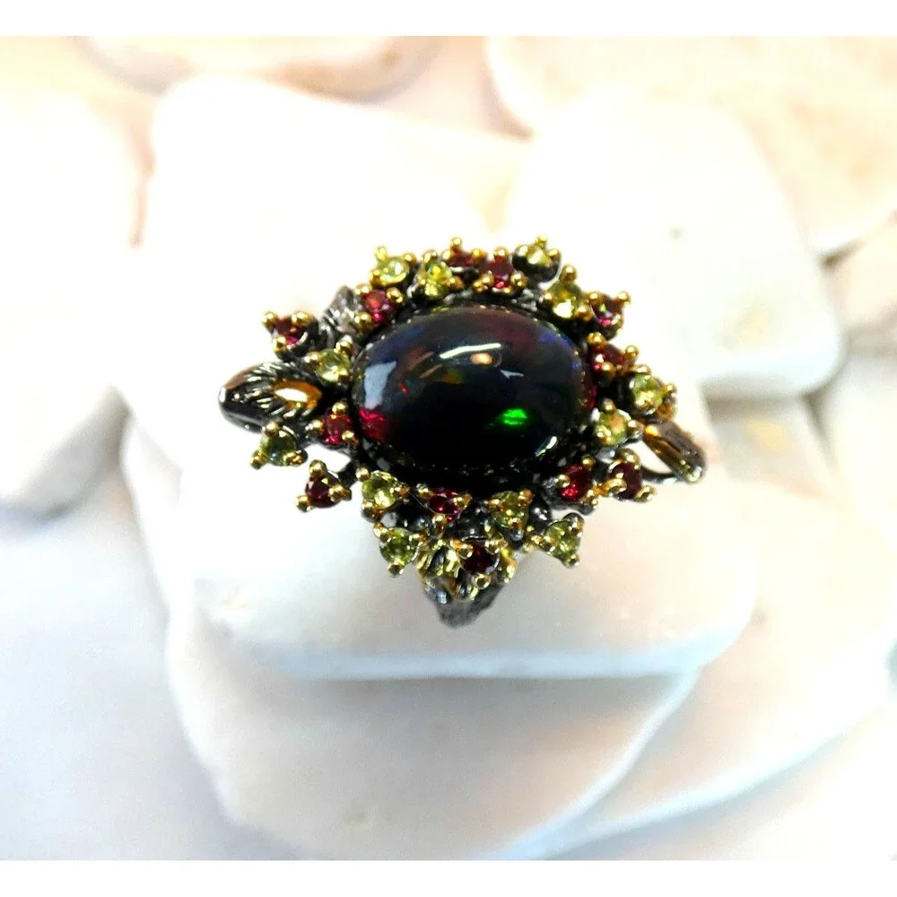 Natural Large 6 CT Black Opal-Rubies-Emeralds Sterling Silver Ring Size 7.75